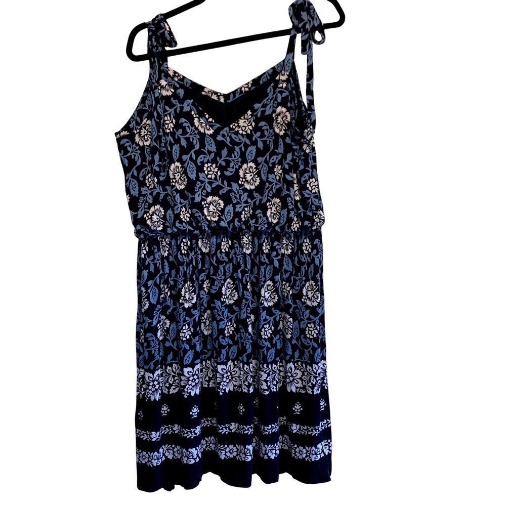 LOFT Floral Sundress Womens Large Navy Blue Tie Strap Boho Cottagecore Comfy